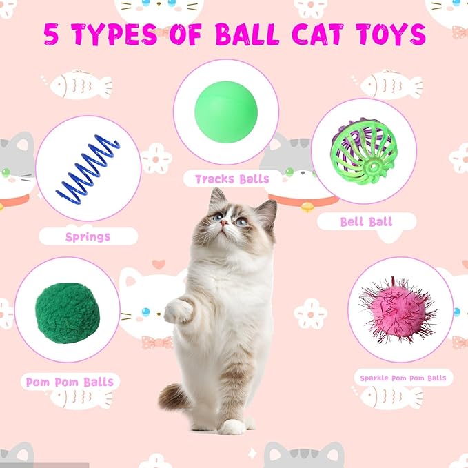 Flashine Cat Toys for Indoor Cats 40 PCS Kitten Toys Cat Interactive Toys Pack Including Cats Springs Sparkle Ball Pom Pom Ball Jingle Balls Tracks Balls