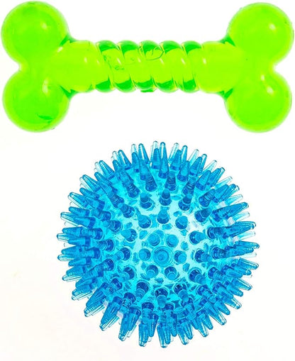 Spiky Ball and Bone for Small Dogs - Puppy Teething Toys Bone Dog Toy Set for Smart Newborn Pet - Doggy Interactive Chew Mini Dental