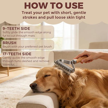 Undercoat Rake for Dogs - Professional Pet Shedding Dematting Comb with Wood Handle, Stainless Steel Blades for Pet Cats Dogs Matted Hair Tangles Removing