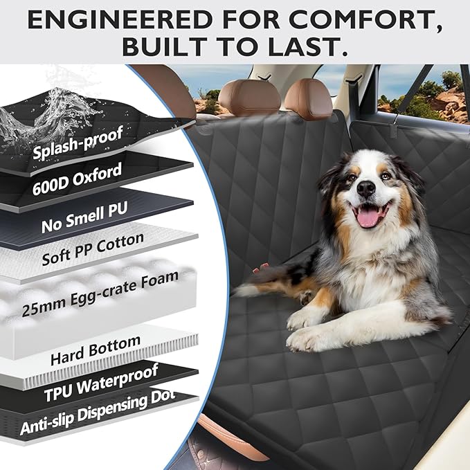 ROUWINNE Back Seat Extender for Dogs-Upgraded Egg Crate Foam, Soft Dog Car Seat Cover Holds 420lbs, Sturdy Backseat Extender for Dogs, Waterproof Pet Car Bed Dog Hammock for Car, SUV, Truck