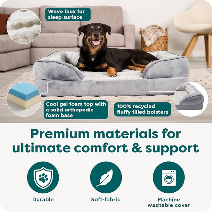 FurHaven Cooling Gel Dog Bed for Large Dogs, Comfort Sofa Bed with Cool Gel-Top Foam with a Solid Orthopedic Foam Base for Joint Support, Washable Cover, Jumbo XL, Plush & Velvet, Celadon Green.