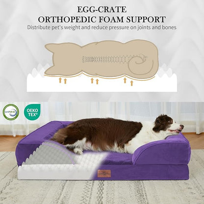 Comfort Expression Orthopedic Dog Bed for Large Dogs 36x27 Inch, Waterproof Egg Crate Foam Large Pet Bed with Removable Bolsters, Dog Couch with Washable Cover & Non-Slip Bottom, Deep Purple