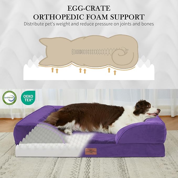 Comfort Expression Orthopedic Dog Bed for Extra Large Dogs 45x35 Inch, Waterproof Egg Crate Foam XL Pet Bed with Removable Bolsters, Dog Couch with Washable Cover & Non-Slip Bottom, Deep Purple