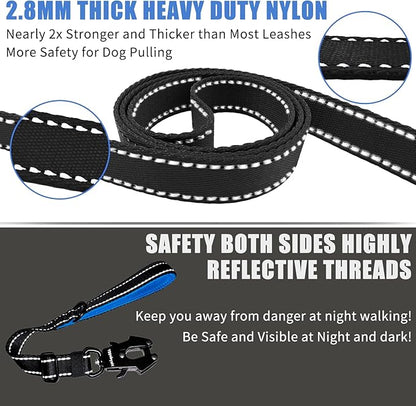 Strong Heavy Duty Dog Leash - Adjustable 15"-18" Reflective Nylon Training Leash with Padded Handle & Frog Clip, Traffic Control for Large Medium Dogs No Pull Walking Black Blue