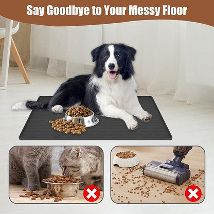 18"x12" Dog Food Mat, Silicone Dog and Cat Mats for Food and Water Bowls, Waterproof Raised Edge Pet Feeding Mat for Contain Spills Protects Floors, Multiple Colors & Sizes for Pets, Light Gray