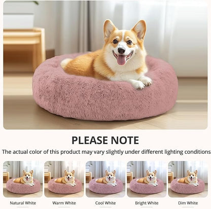 JOLLYVOGUE Calming Small Dog & Cat Bed for Indoor Cats - 20 inches Washable Donut Bed for Kittens & Puppies, Anti-Anxiety Round Fluffy Plush Pet Beds (Fits up to 15 lbs, Dark Pink)