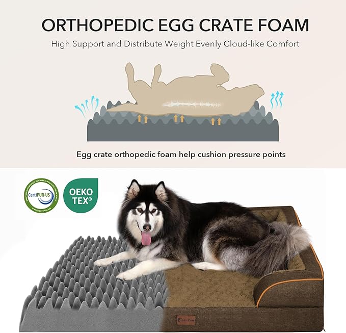 Casa Paw Orthopedic Dog Beds for Extra Large Sized Dogs, Waterproof Memory Foam XL Pet Bed with Sides 48x30Inch, Non-Slip and Egg-Crate Foam Big Dog Couch Bed with Removable Washable Cover, Brown