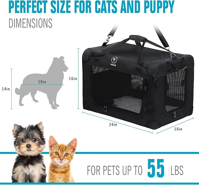 PEGIC Extra Large Cat Carrier for Car Travel, Pegic Soft Sided Collapsible Pet Carrier for Outdoor and Indoor Uses, Roomy Cat Carrier for 2 Kittens, Large Cat or Puppies Up to 50lbs (Black)
