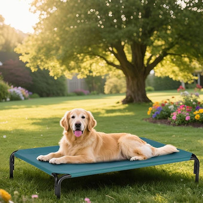 Elevated Dog Bed for Outdoor, XXXL Raised Dogs Cot with Washable Mesh, Cooling Pet Beds Chew Proof Dog Hammock, Metal Frame Lifted Platform for Training Outside Camping, 59 inch Green
