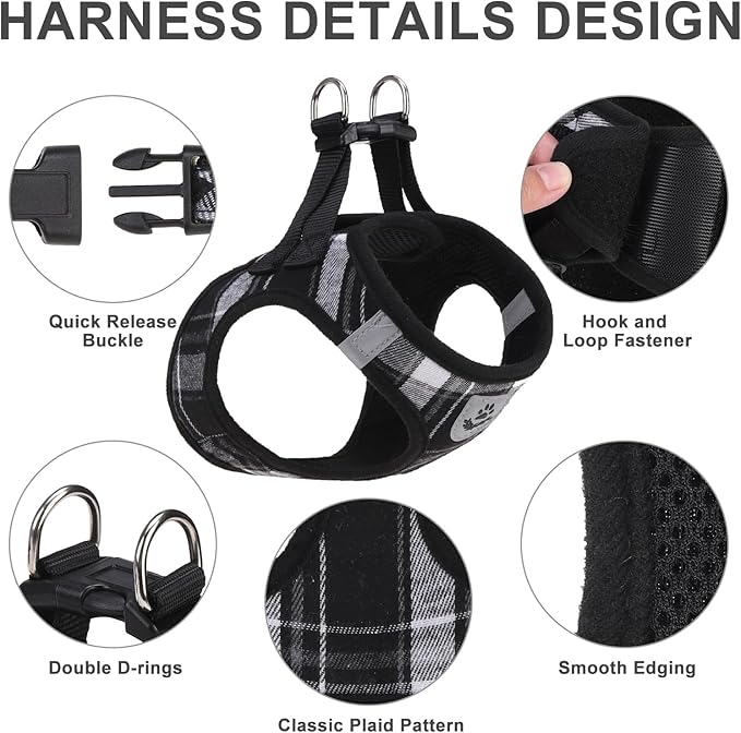 EXPAWLORER Classic Plaid Puppy Harness - Dog Collar and Leash - Soft Mesh Padded Adjustable Step in Small Dog Vest Harness No Pull, Reflective Escape Proof for Outdoor Walking, Black XS