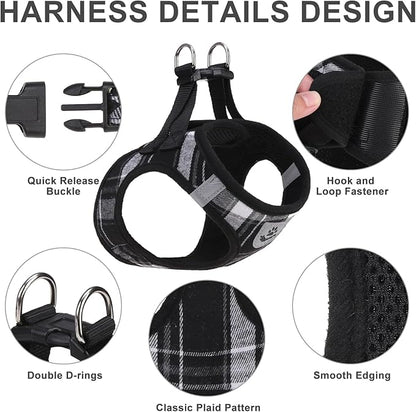 EXPAWLORER Classic Plaid Puppy Harness - Dog Collar and Leash - Soft Mesh Padded Adjustable Step in Small Dog Vest Harness No Pull, Reflective Escape Proof for Outdoor Walking, Black XS