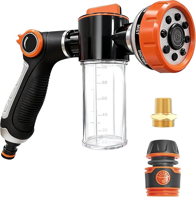 SCHITEC Upgraded Dog Wash Hose Attachment with 100cc Soap Dispenser, 8-in-1 Spray Modes Dog Shampoo Sprayer Nozzle Pet Shower Attachment for Bathing Dogs, Car Wash, Garden Watering