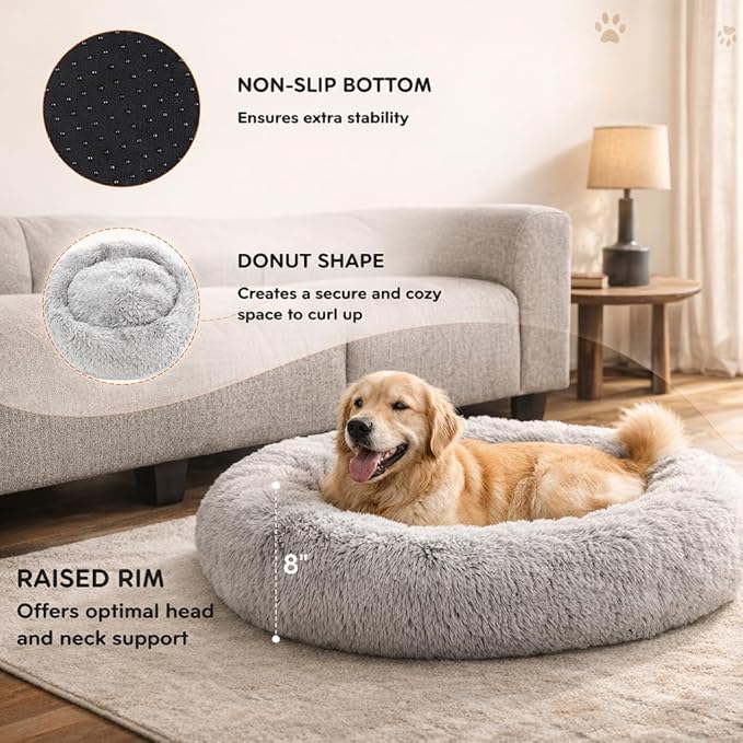 Dog & Cat Bed for Indoor Cats, 37in Calming Donut Pillow mat for Puppy and Kitten, Washable Cooling Round Fluffy Pet Nest for Small Medium Dogs and Cats, Light Grey