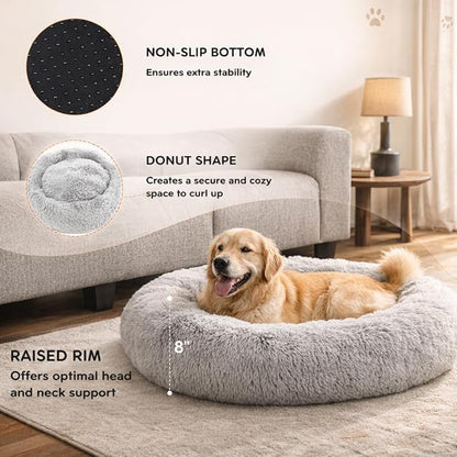 Dog & Cat Bed for Indoor Cats, 37in Calming Donut Pillow mat for Puppy and Kitten, Washable Cooling Round Fluffy Pet Nest for Small Medium Dogs and Cats, Light Grey