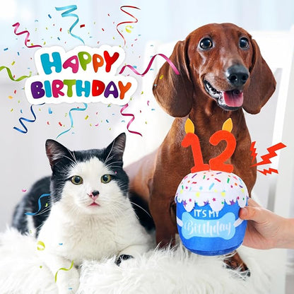 Dog Birthday Cake Toy Accessories for Girl Boy Gifts, Squeaky Plush Toy for Dog Birthday Party Decor Favor for Large, Medium and Small Dogs(12th,Blue)