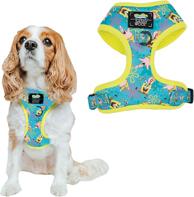 Sassy Woof Dog Adjustable Harness - Spongebob Squarepants™ Jelly Fishin' - S, Breathable Mesh, No Pull Design with Two D-Rings, Patented Design, Perfect for Small Dogs - Officially Licensed