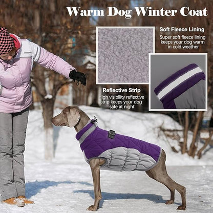 Lelepet Dog Coat Warm Dog Winter Coat Waterproof Dogs Jacket with Harness Built in Reflective Pet Fleece Vest Zip-Up Cold Weather Coats for Large Dogs Turtleneck & Windproof Coats Pitbull Purple 2XL