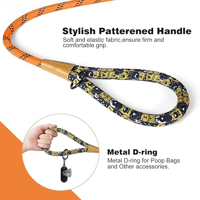 lynxking Rope Dog Leash 6 FT with Comfortable Padded Handle, Highly Reflective Threads Leash for Small Medium Large Dogs (Orange, 2PCS Large 1/2in x 6ft-Rope Clasp)