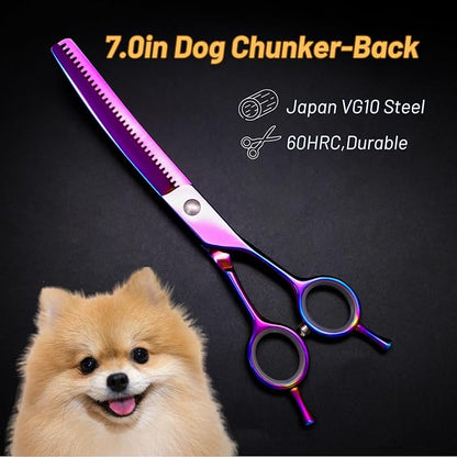 7" 33 Teeth Professional Dog Grooming Scissors, 25 Degree Curvature Pet Curved Chunker Thinning Shears, Japanese VG10 Steel Sharp, Smooth Cutting Scissors for Dogs Cats and Other Pets Face and Paws