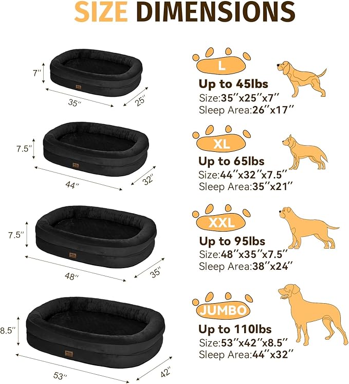 Orthopedic Washable Large Dog Bed: Memory Foam Waterproof Pet Bed with Bolsters - Removable Washable Cover for XL XXL Extra Large Sized Dog Bed - Non-Slip Bottom - Black