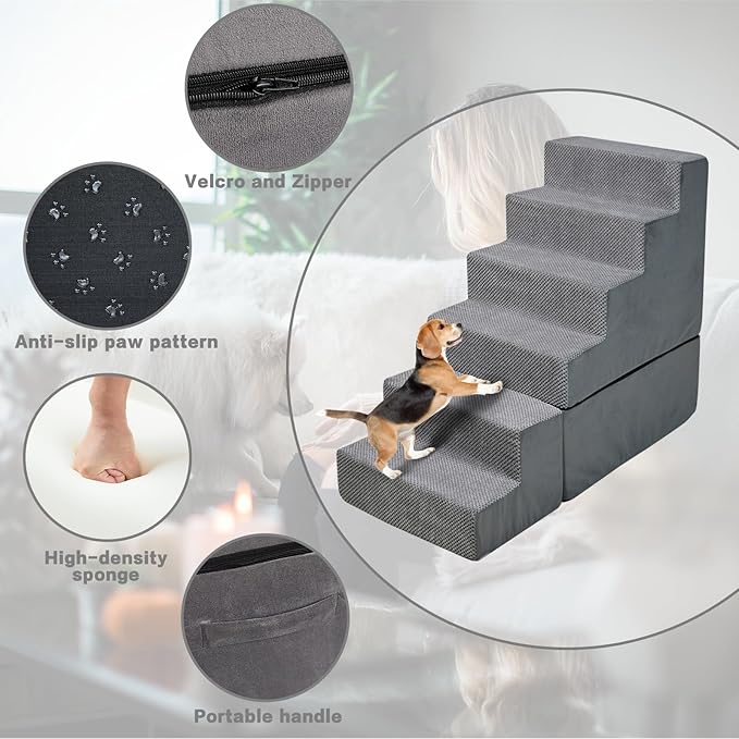 MALOROY Dog Steps for High Beds 30-32" H, 6-Step Dog Stairs for Small Dogs, 33D Foam Pet Steps for High Bed Climbing, Non-Slip Balanced Pet Stair Ramps for Bed Indoor, Grey