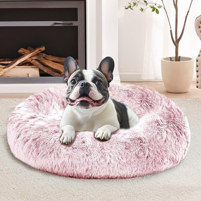 JOLLYVOGUE Calming Dog Bed for Small Dogs - 23 inches Donut Washable Small Dog Bed for Kittens & Puppies, Anti-Slip Round Fluffy Plush Faux Fur Cat Beds (Fits up to 25 lbs Pets, Smoke Pink)