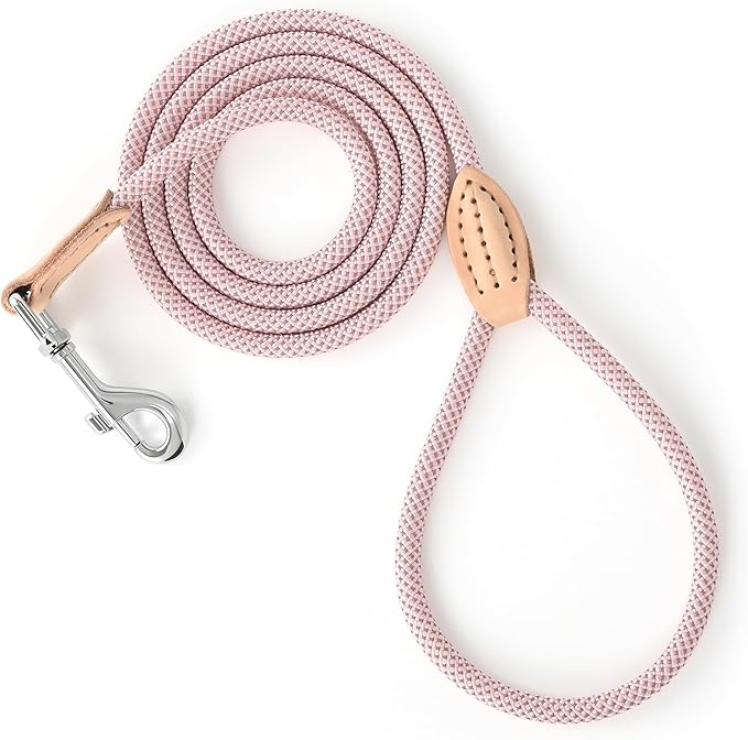 Mile High Life Small Dog Leash, Thin Lightweight Reflective Rope Leash with Genuine Leather Connection, Great for Small Medium Dogs (Pink, 72 Inch-1/3)
