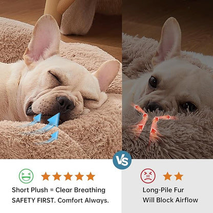 OhGeni 27 inches Calming Donut Dog & Cat Bed for Medium Pets, Warming Comfort Fluffy Short Pile Fur, Durable Machine Washable, Cute Round Bed for Puppy and Kitten, Camel