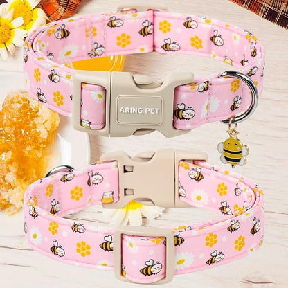 ARING PET Summer Dog Collar, Cute Pink Bee Daisy Floral Pet Collars with Quick Release Buckle for Puppy Small Medium Large Boy Girl Dogs-XS