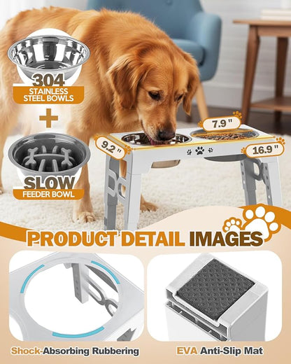 Elevated Dog Bowls, Dog Feeder with 1*Stainless Steel Dishes & 1*Slow Feeder Bowl, 5 Heights Adjustable Raised Stand for Medium Large, Food Dishes with Non-Slip Feet