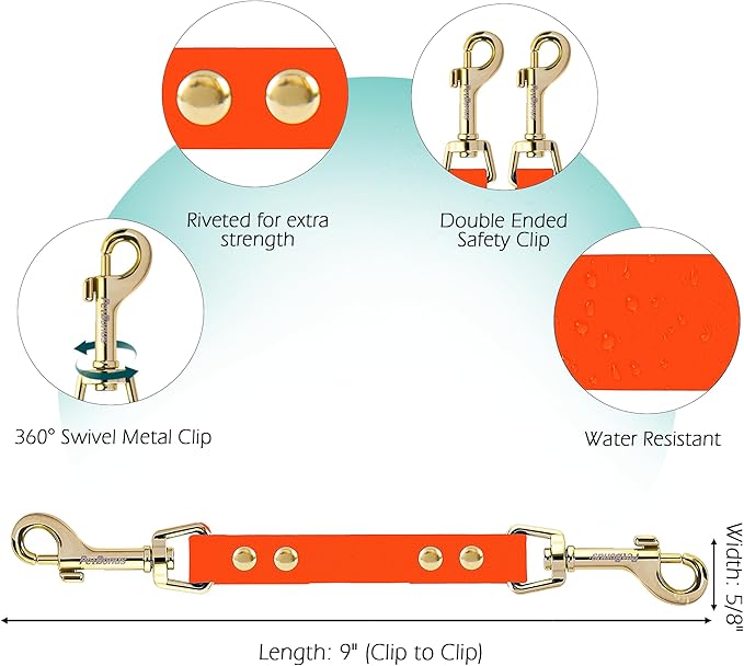 PetBonus Dog Collar Safety Clip, Waterproof Backup Safety Strap for Dog Harness to Prong Collar, Odor Proof Double Ended Clasp Leash Connector for Training Walking (Orange)