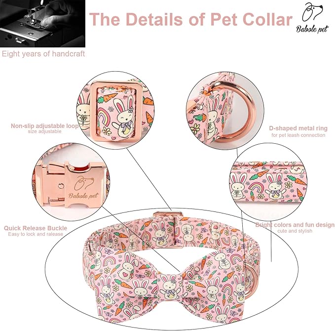 Easter Dog Collar with Bow Tie - Pink Easter Bunny Bowtie Dog Collar Adjustable Heavy Duty Spring Easter Dog Collars for Small Medium Large Dogs L