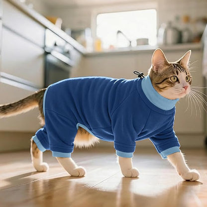 PUMYPOREITY Cat Hair Sticky Sweater, Recovery Suit - Breathable & Lightweight for Post-Surgery Protection, Cat Onsie Prevents Licking Wounds, Blue, XL
