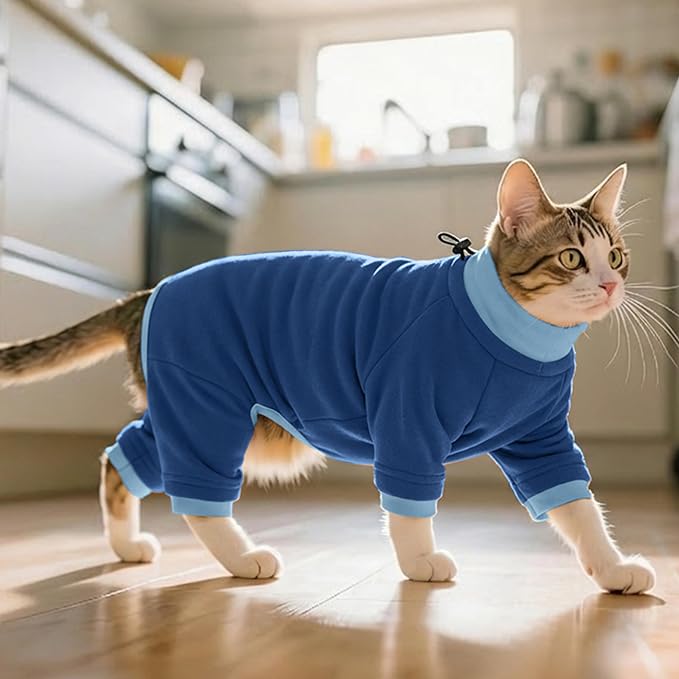 PUMYPOREITY Cat Recovery Suit, Stops Wound Licking After Surgery, Sticky Hair Shirt with Sticky Fabric, Cat Pajamas Prevents Over-Grooming, Blue, XS