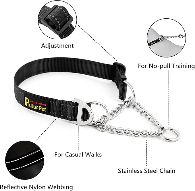 Plutus Pet Martingale Dog Collar with Stainless Steel Chain and Reflective Nylon, Adjustable No Pull Training Collar, for Small Medium, and Large Dogs, Black, M
