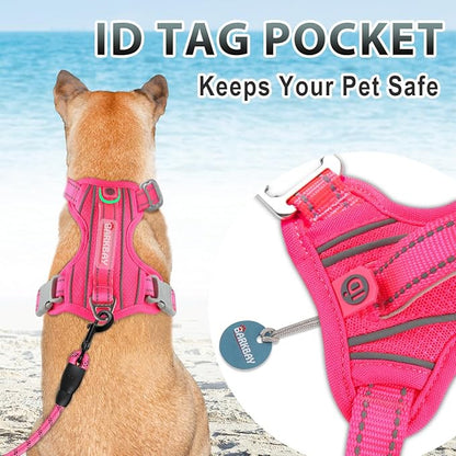 BARKBAY No Pull Dog Harness 3 Buckles Large Reflective Dog Harness with Front Clip and Easy Control Handle for Walking Training Running with ID tag Pocket(Pink,XL)