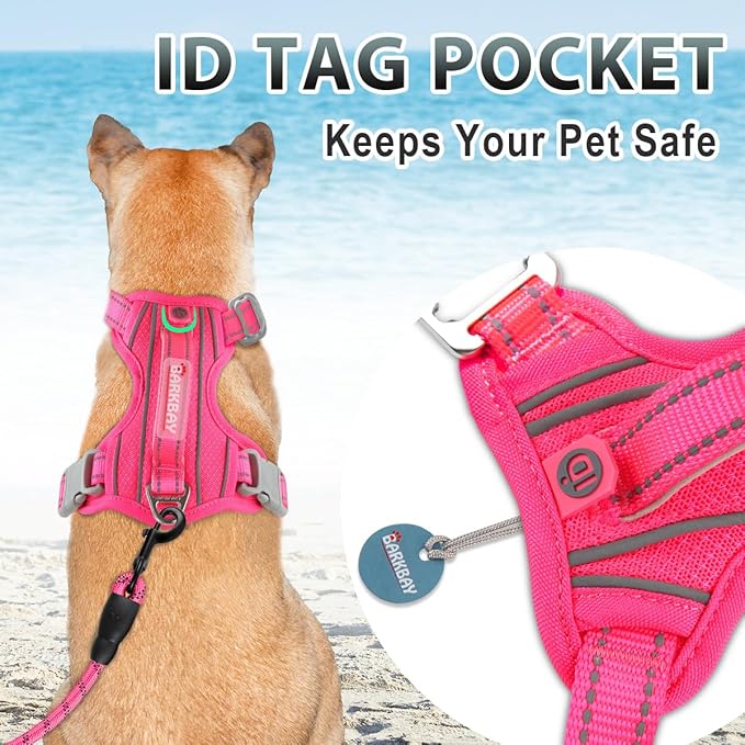 BARKBAY No Pull Dog Harness 3 Buckles Large Reflective Dog Harness with Front Clip and Easy Control Handle for Walking Training Running with ID tag Pocket(Pink,L)