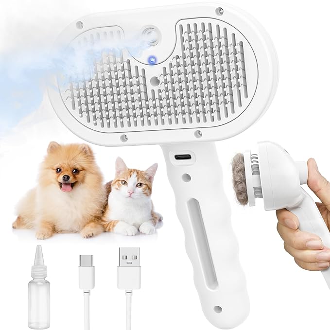 Dog Brush Cat Brushes for Shedding,Pet Steam Brush for Dogs Cats Spray Hair Removal Comb Steam Grooming for Long Short Haired Pets,Anti-Static Self Cleaning Grooming Tool Removes Loose Hair,white