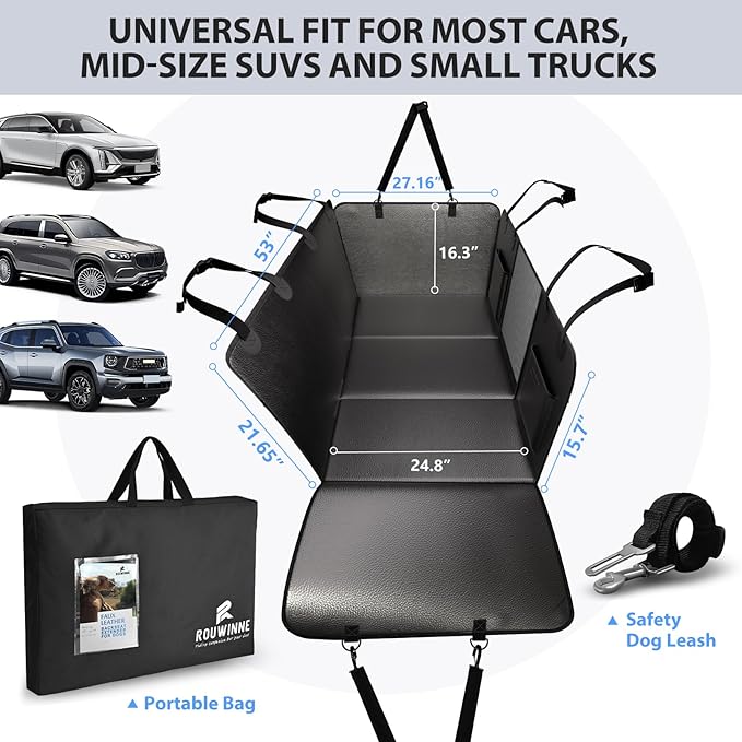 ROUWINNE Back Seat Extender for Dogs-Upgraded PU Leather, Hard Bottom Dog Car Seat Cover for Back Seat, Anti-Scratch Backseat Extender for Dogs,Waterproof Dog Hammock for Car, SUV, 420lbs