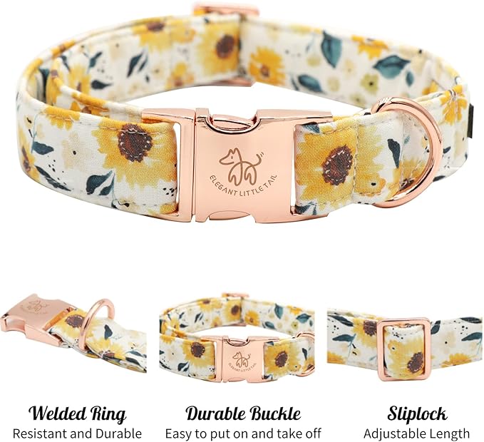 Elegant little tail Dog Collar, Sunflower Pattern Pet Collar Durable Cute Dog Collars Summer Fall Female Pet Gift Adjustable Dog Collar for X-Small Dogs