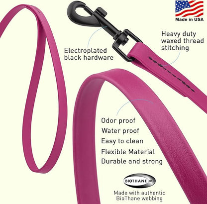 Dogline Biothane Waterproof Dog Leash Strong Coated Nylon Webbing with Black Hardware Odor-Proof Easy to Clean High Performance for Small or Large Dogs Made in USA 4 or 6 ft Lead, Magenta Pink