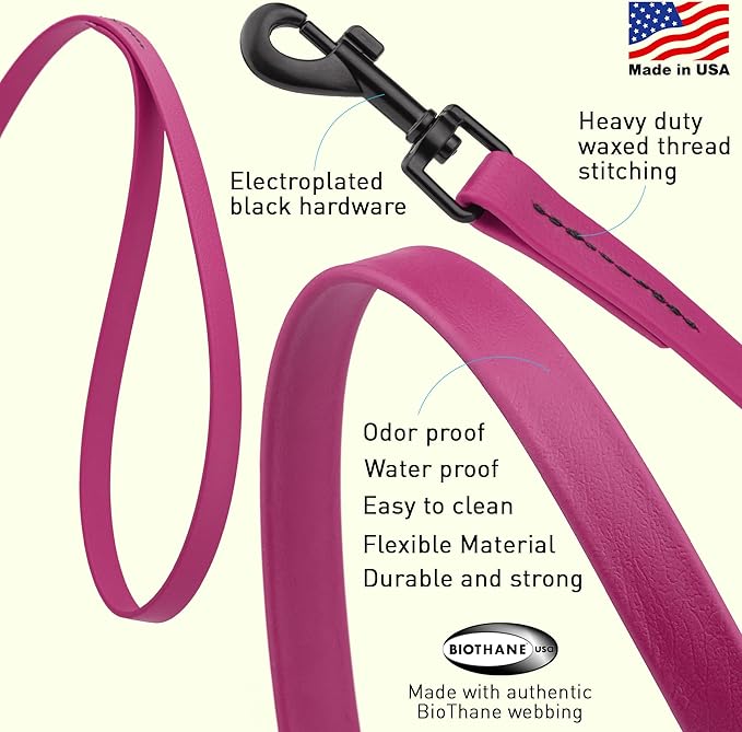 Dogline Biothane Waterproof Dog Leash Strong Coated Nylon Webbing with Black Hardware Odor-Proof Easy to Clean High Performance for Small or Large Dogs Made in USA 4 or 6 ft Lead, Magenta Pink