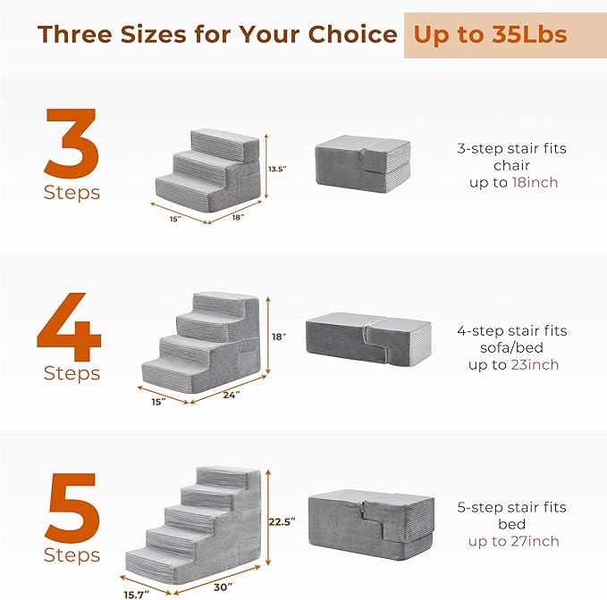 HYLEORY Dog Stairs for Bed 13.5''H, 3-Step Pet Stairs for Small Dogs & Cats, Sturdy Pet Steps with Non-Slip Bottom, Functional Portable Dog Ramp for Couch/Chair/Sofa/Car, Storage Pocket, Light Grey