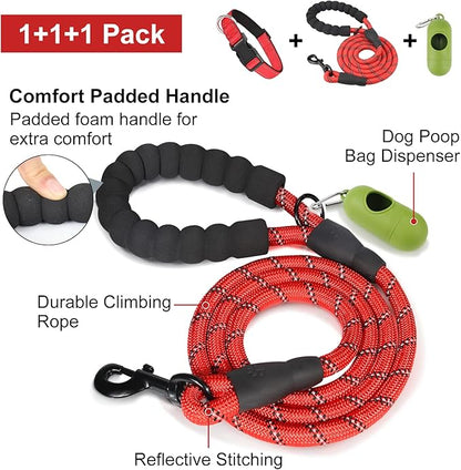 Dynmeow Reflective Dog Collar and Leash Set, 6FT Strong Climbing Rope Leash with Padded Handle, Adjustable Pet Collar with Soft Neoprene Padding for Medium Large Dogs, Red, M