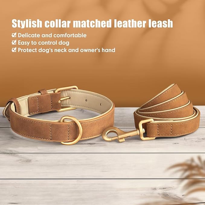Beirui Soft Padded PU Leather Dog Collar and Leash Set, Durable Dog Leash and Collar Set with Metal Buckle, Breathable Pet Collars with 4FT Leash for Large Dogs(Brown, Neck 16-21")