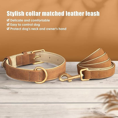 Beirui Soft Padded PU Leather Dog Collar and Leash Set, Durable Dog Leash and Collar Set with Metal Buckle, Breathable Pet Collars with 4FT Leash for Large Dogs(Brown, Neck 16-21")