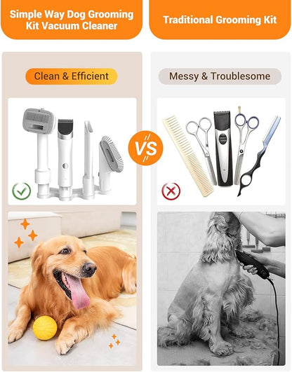 Simple Way Dog Vacuum Grooming Kit for Shedding: Professional Hair Clippers Pet Groomer - Strong Suction Cleaner Deshedding Tool Fur Brush Attachment Trimmer for Home Cat (Pale White)