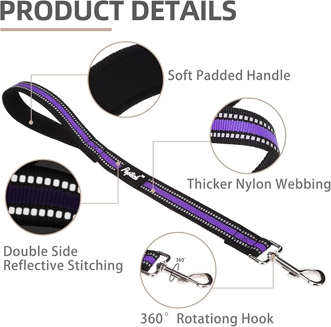 PUPTECK Reflective Short Dog Leashes - 3 Packs 2.5ft/ 1.5ft/ 1ft Nylon Leash with Strong Clip, Soft Padded Handle, Durable Training Leash for Large Small Medium Dogs Walking Outside, Purple