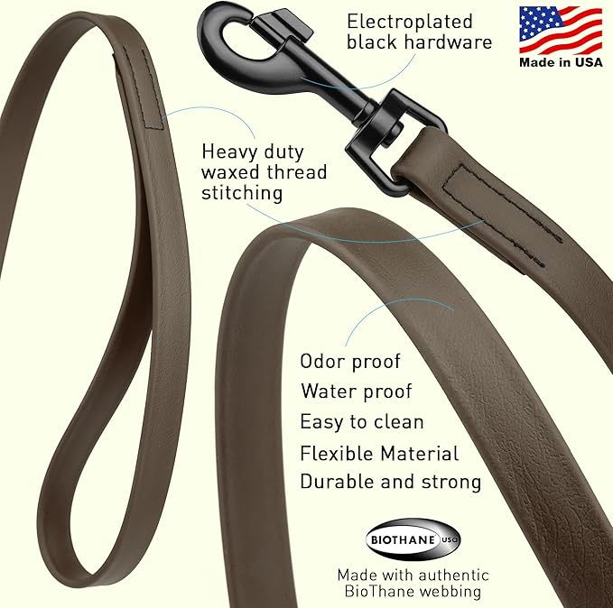 Dogline Biothane Waterproof Dog Leash Strong Coated Nylon Webbing with Black Hardware Odor-Proof Easy to Clean High Performance for Small or Large Dogs Made in USA 4 or 6 ft Lead, Dark Chocolate Brown