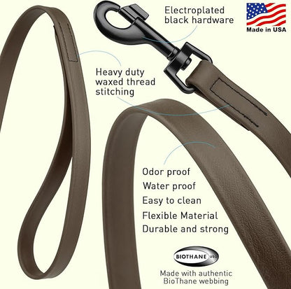 Dogline Biothane Waterproof Dog Leash Strong Coated Nylon Webbing with Black Hardware Odor-Proof Easy to Clean High Performance for Small or Large Dogs Made in USA 4 or 6 ft Lead, Dark Chocolate Brown